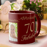 70 and Fabulous Red Ornament 70th Birthday Photo Mug<br><div class="desc">Elegant Red 70 and Fabulous Ornament 70th Birthday Photo Mug. 70 and fabulous text in trendy golden script and an elegant ornament on a dark red background. Personalize it with your name,  your age and photo and make personalized elegant birthday mug.</div>