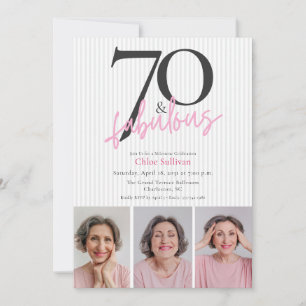70 & Fabulous Pink Script 3 Photo Birthday Party Invitation