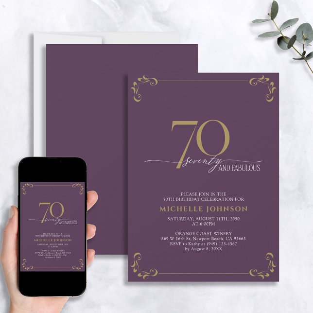 70 & Fabulous Purple & Gold Calligraphy Birthday Invitation (Creator Uploaded)