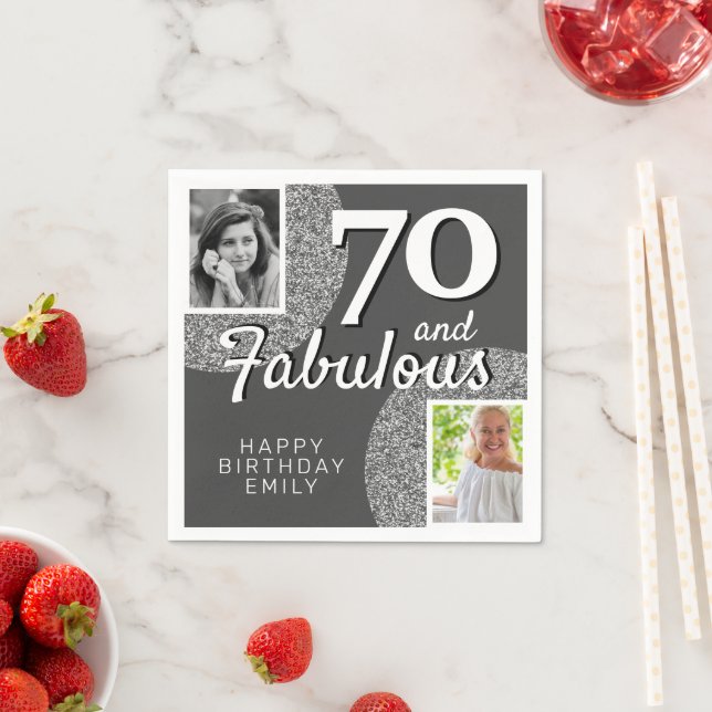 70 & Fabulous Silver Glitter 2 Photo 70th Birthday Napkin (Insitu)