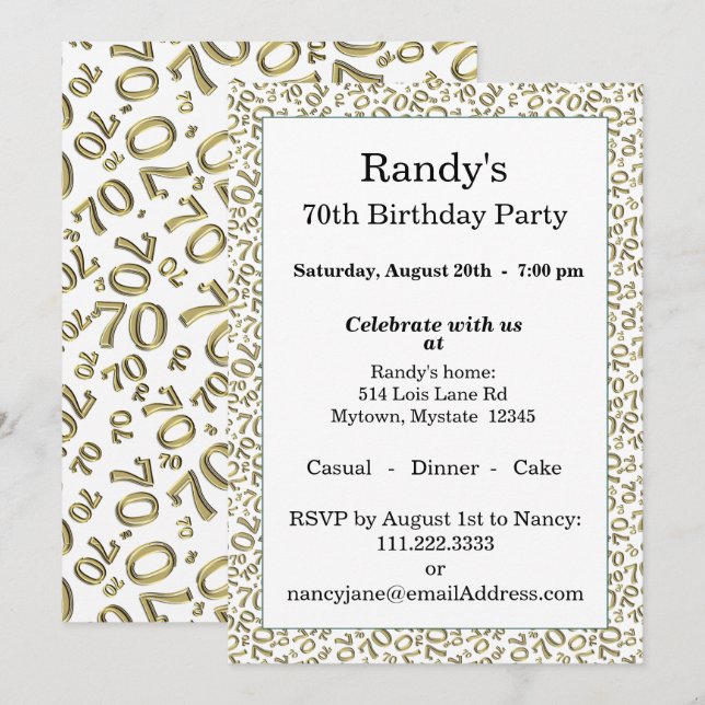 70 Random Number Pattern Gold/White 70th Invitation (Front/Back)