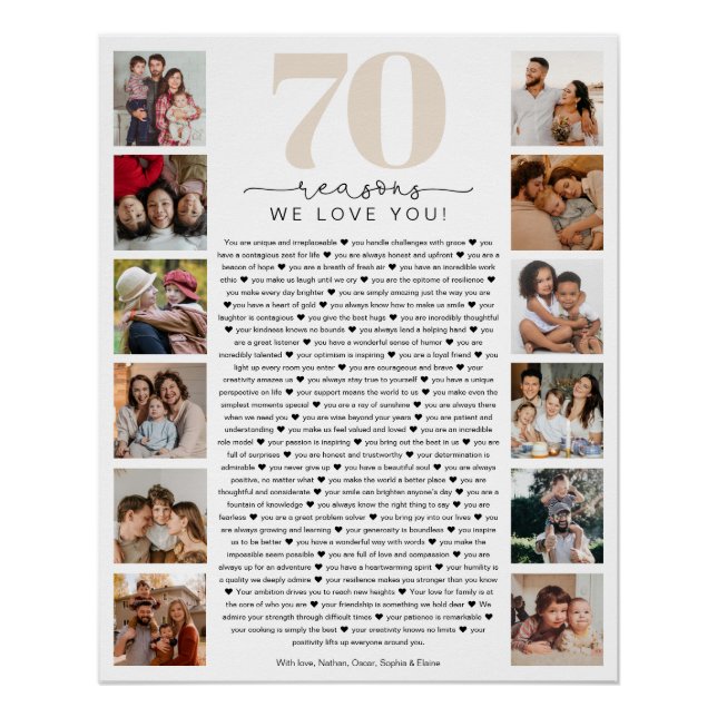 70 Reasons We Love You Birthday Keepsake Gift Poster (Front)