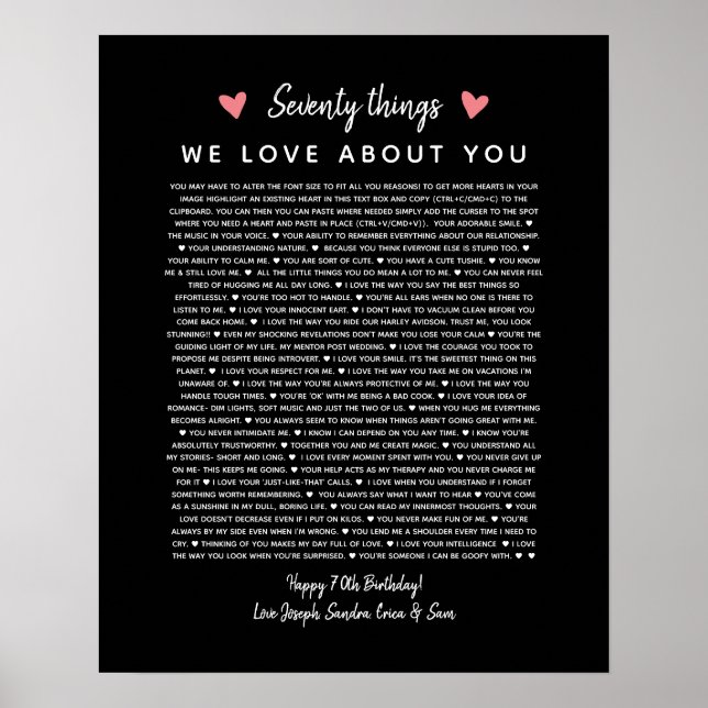 70 reasons why we love you birthday gift for him poster (Front)