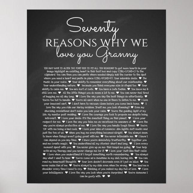 70 reasons why we love you vintage chalkboard poster (Front)