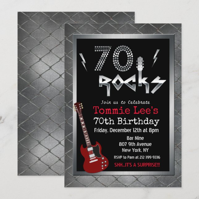 70 Rocks Rockstar Guitar 70th Birthday Invitation (Front/Back)