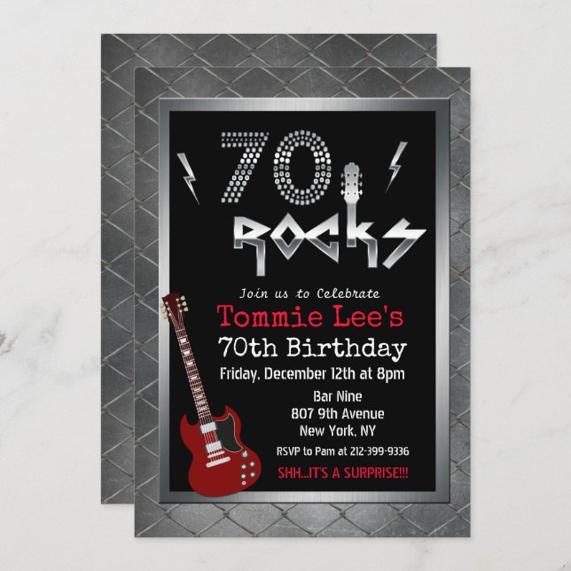 70 Rocks Rockstar Guitare 70e Invitation d'anniver (Devant / Derrière)