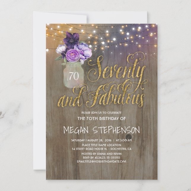 70 Rustic Birthday - Purple Flowers Mason Jar Gold Invitation (Front)