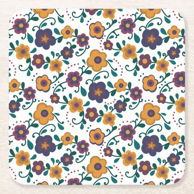 70’s Folk Art Ditzy Retro Daisy in Jewel Tones Square Paper Coaster (Front)
