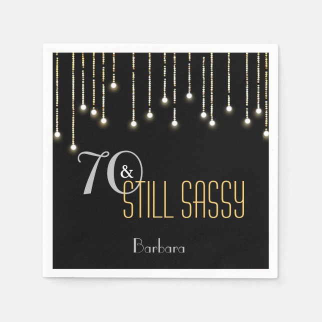 70 Sassy Black Silver Gold String Lights Birthday Napkin (Front)