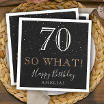 70 So what Funny Black Elegant 70th Birthday Napkin<br><div class="desc">70 So what Funny Quote Elegant 70th Birthday Napkin. The inspirational and funny quote 70 so what is in modern white and golden colours on a black background. Make your own 70th birthday party paper napkin for her or for him. Personalize with your name and age number. Great for a...</div>