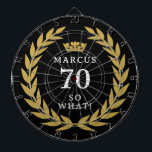 70 So what Funny Laurel Wreath Crown 70th Birthday Dartboard<br><div class="desc">70 So what Funny Laurel Wreath Crown 70th Birthday Dart Board. A funny quote I`m 70 so what in modern bold fonts. The design has a laurel wreath around the words and a crown above the custom name. Add your name. Perfect gift for a man with a sense of humour....</div>