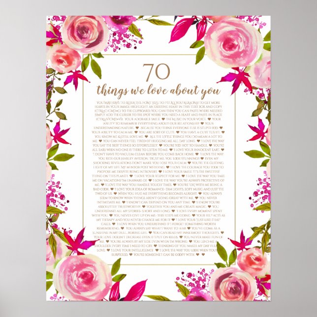 70 things we love about you pink roses anniversary poster (Front)