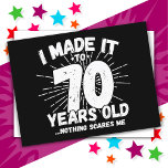 70 Year Old Sarcastic Meme Funny 70th Birthday Postcard<br><div class="desc">This funny 70th birthday design makes a great sarcastic humour joke or novelty gag gift for a 70 year old birthday theme or surprise 70th birthday party! Features 'I Made it to 70 Years Old... Nothing Scares Me' funny 70th birthday meme that will get lots of laughs from family, friends,...</div>