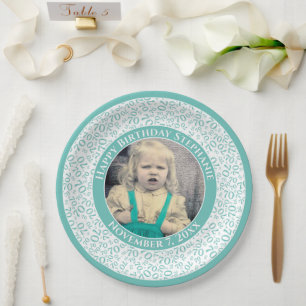70 Your Photo Random Number Pattern Teal/White Paper Plate