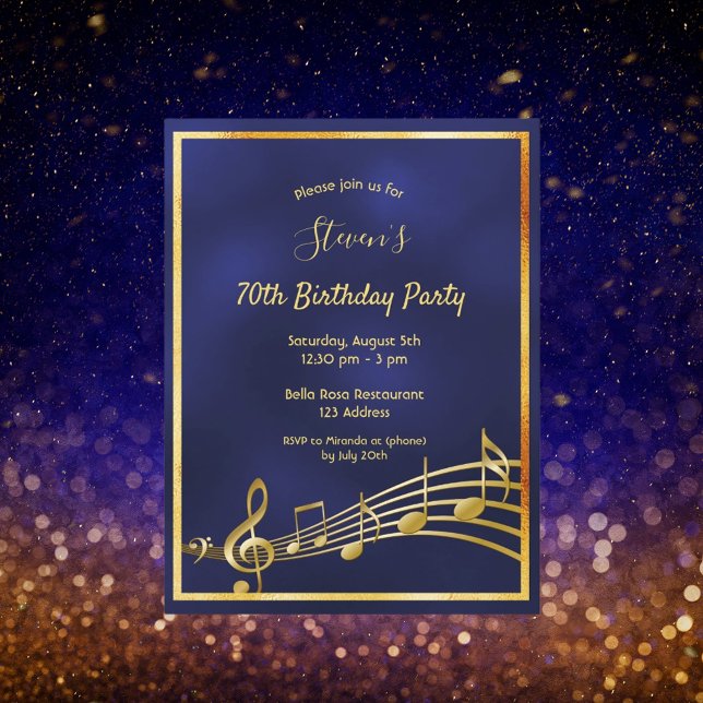 70e anniversaire bleu or musique notes invitation (Créateur téléchargé)