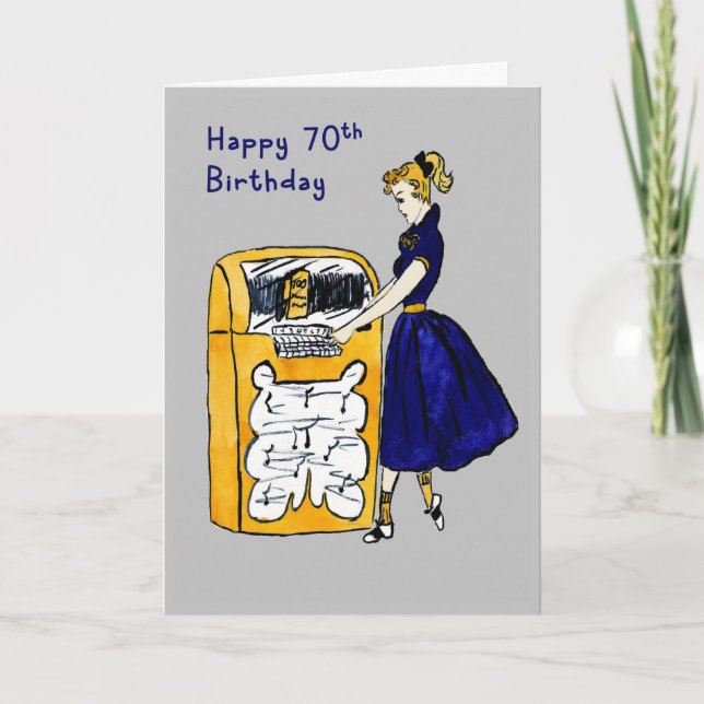70e Anniversaire Carte Retro Juke Box & Lady (Devant)