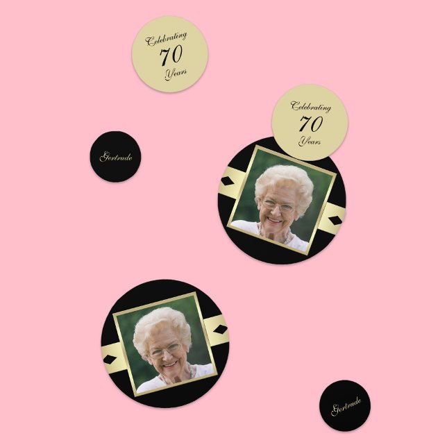 70e anniversaire Confetti avec photo en noir (Créateur téléchargé)
