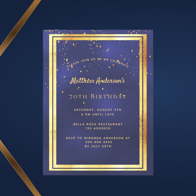 70e anniversaire fête bleu or brillant invitation (Créateur téléchargé)