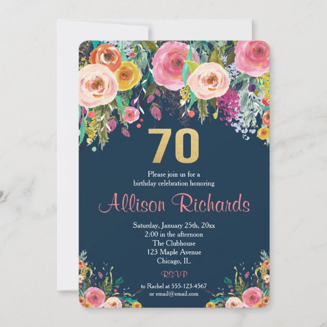 70e anniversaire invitation floral aquarelle marin (Devant)