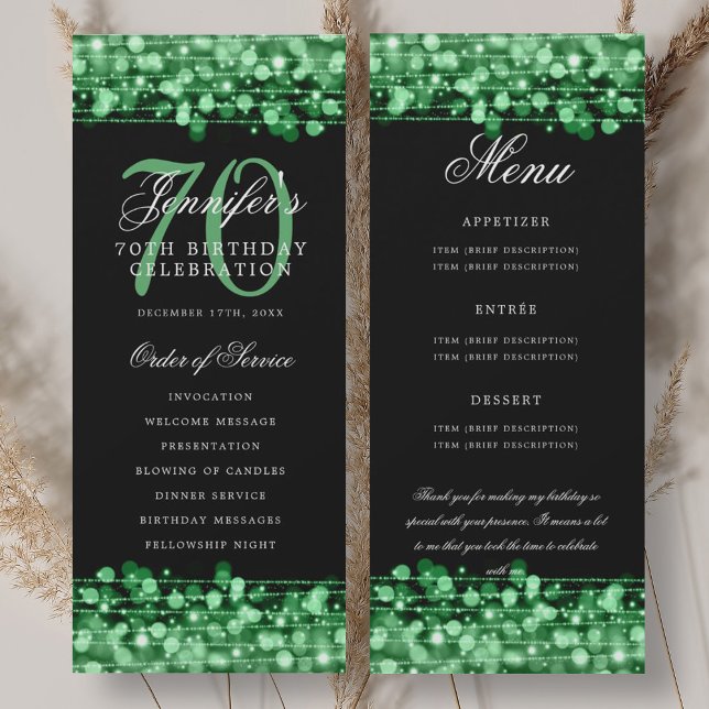 70e Anniversaire Programme Vert Menu+Merci (70th Birthday Program Green Menu+Thank You)