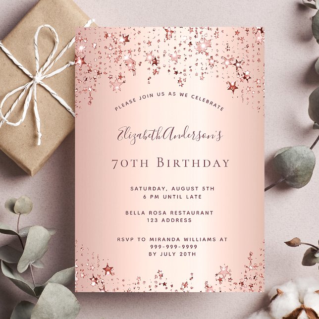 70e anniversaire rose or étoiles invitation (Créateur téléchargé)
