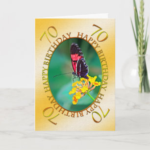 70e Carte d'anniversaire aux papillons et aux fleu