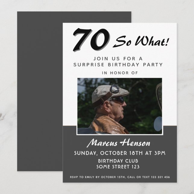 70e Carte d'invitation photo d'anniversaire surpri (Devant / Derrière)