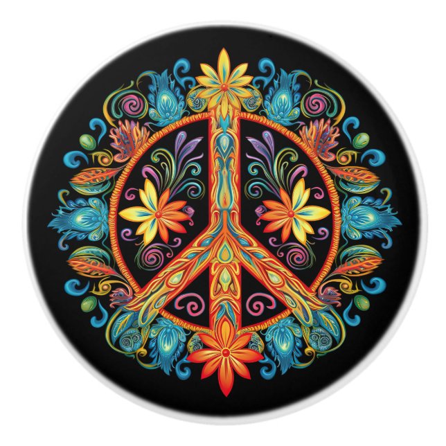 70s 60s Peace Sign Colourful Ceramic Knob (Front)