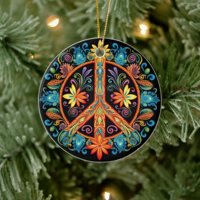 70s 60s Peace Sign Colourful Ceramic Ornament (Tree)
