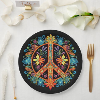 70s 60s Peace Sign Colourful Paper Plate