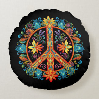 70s 60s Peace Sign Colourful Round Pillow