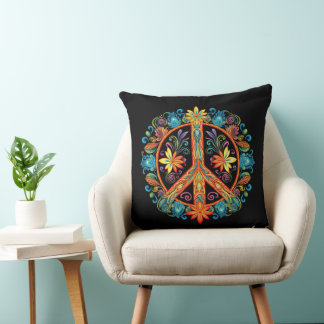 70s 60s Peace Sign Colourful Throw Pillow