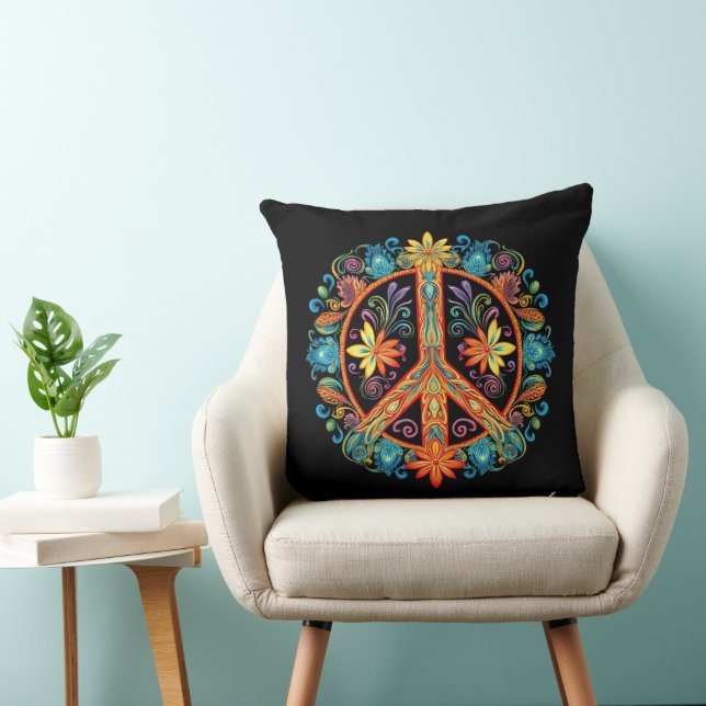 70s 60s Peace Sign Colourful Throw Pillow (Chair)