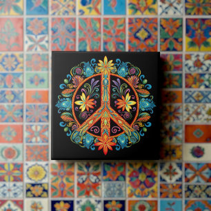 70s 60s Peace Sign Colourful Tile