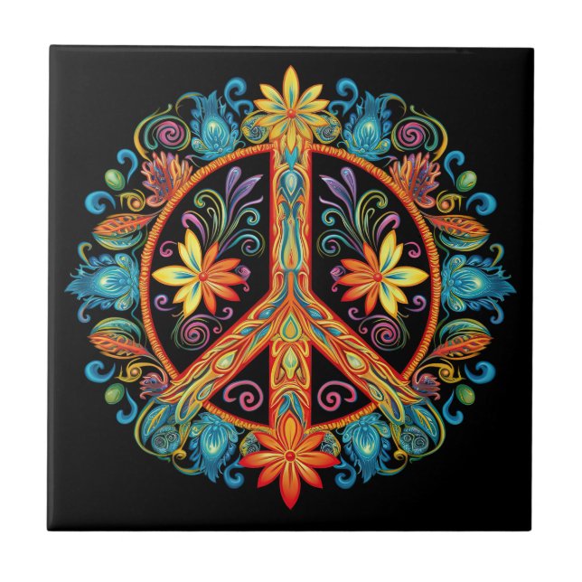 70s 60s Peace Sign Colourful Tile (Front)