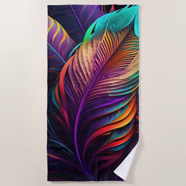 70s 60s Psychedelic Feathers  Beach Towel (Front)