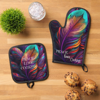 70s 60s Psychedelic Feathers Oven Mitt & Pot Holder Set
