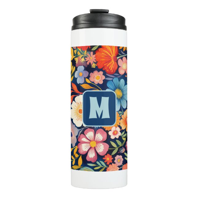 70s 60s Retro Floral Monogram Blue and Orange  Thermal Tumbler (Front)