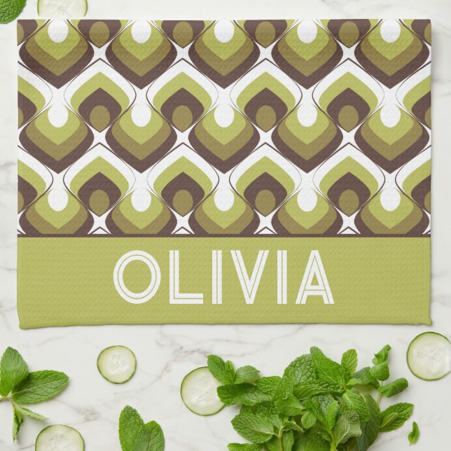 70s Bold Modern Retro Ogee Motif in Greens Kitchen Towel (Folded)