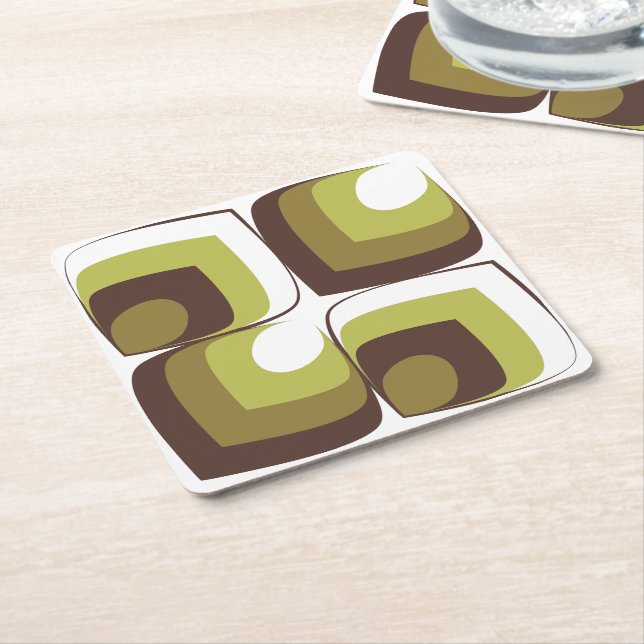 70s Bold Modern Retro Ogee Motif in Greens Square Paper Coaster (Angled)
