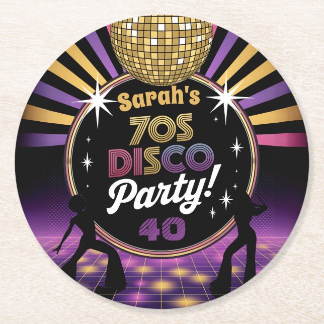 70's disco party seventies hippy birthday rave round paper coaster (Front)
