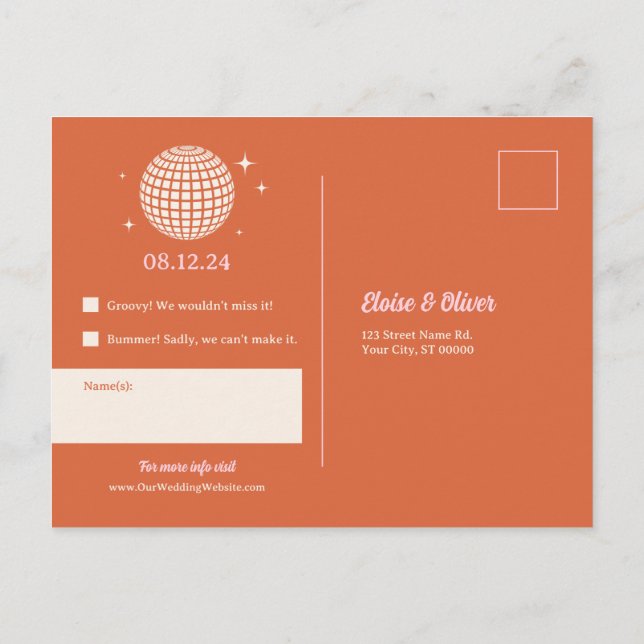 70s Disco Sparkles Colourful Modern Retro Wedding Postcard (Back)