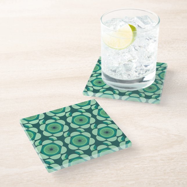 70s floral vibe  - green and blue glass coaster (Angled)