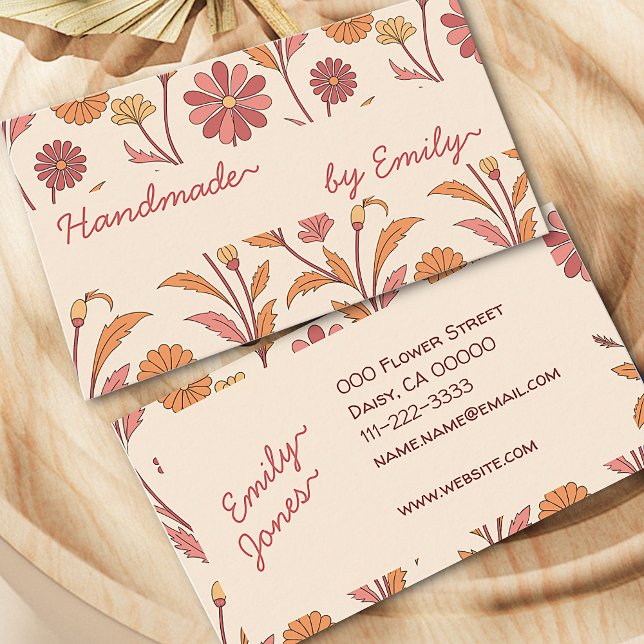 70s Flowers Handmade By Name Cream Boho Style Cute Business Card (Creator Uploaded)