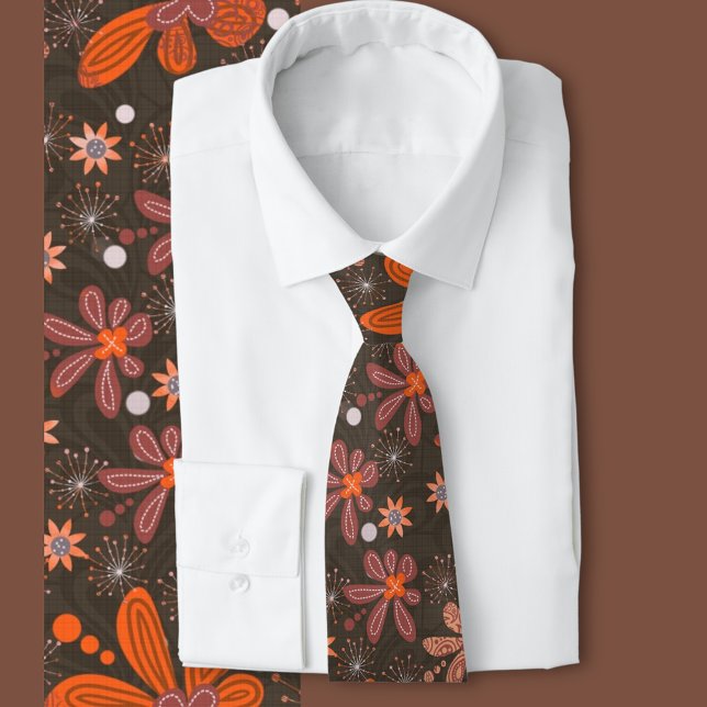 70s Garden brown orange   Tie (70s inspired floral tie)