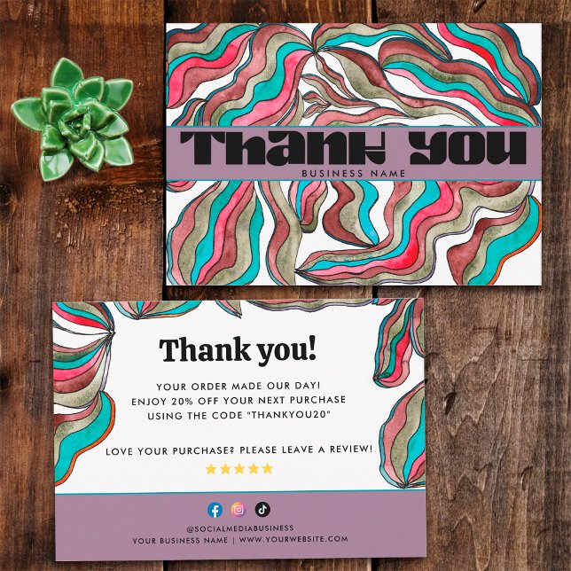 70s Groovy Teal Pink Business Retro Package Insert Thank You Card (Front and Back)