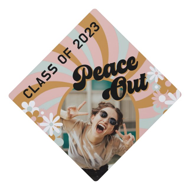 70s Hippie Peace Out Photo Graduation Cap Topper (Front)