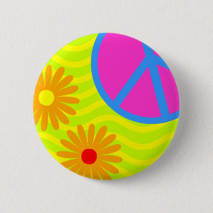 70's Hippie Peace Sign and Flowers 2 Inch Round Button