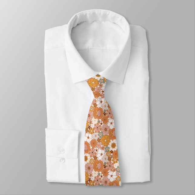 70s Hippy Flower Pattern Retro Tie (Tied)