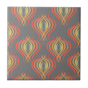 70s Inspired Ogee Pattern Orange Red Grey Tile